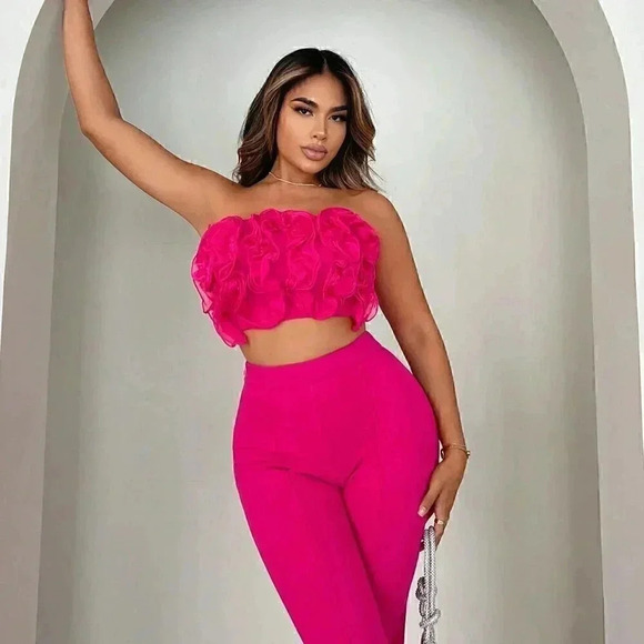 Pink Casual Womens Pleated Ruffle Strapless Red Pink Bandeau Top And Flare Pants - Picture 4 of 5